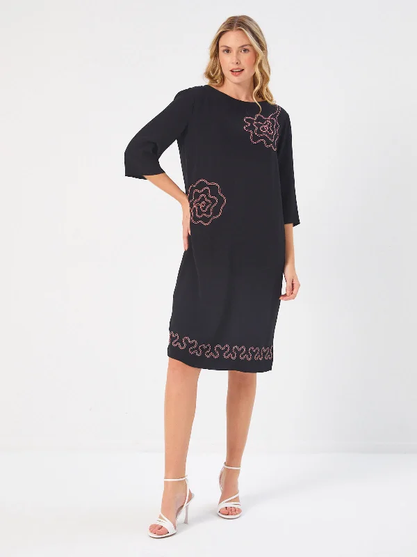 Black Gradient Embroidery Detailed Half Placket Viscose Dress 68273 Stretchy unclassified dresses