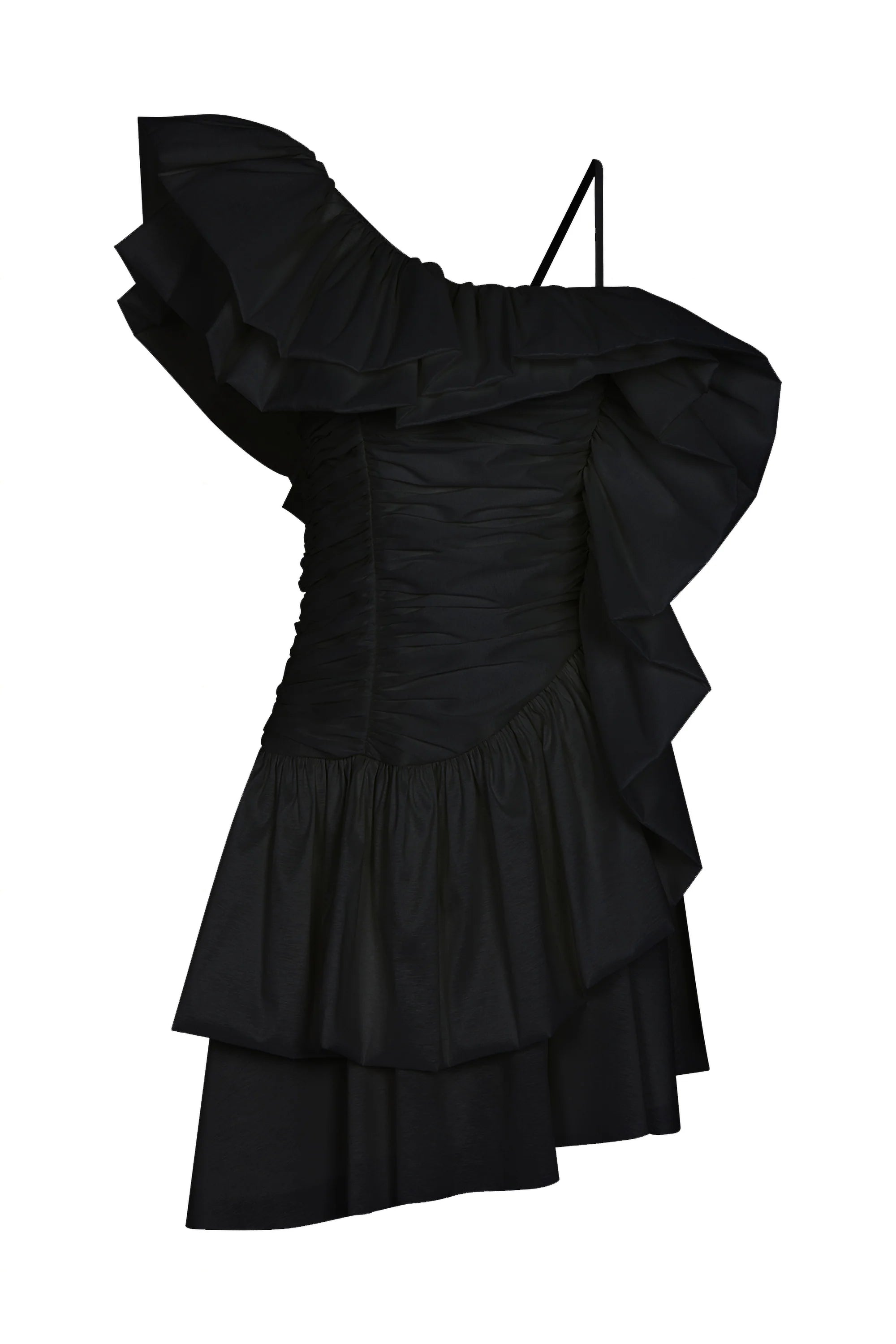 Black One Shoulder Draped Taffeta Dress Mesh unclassified dresses