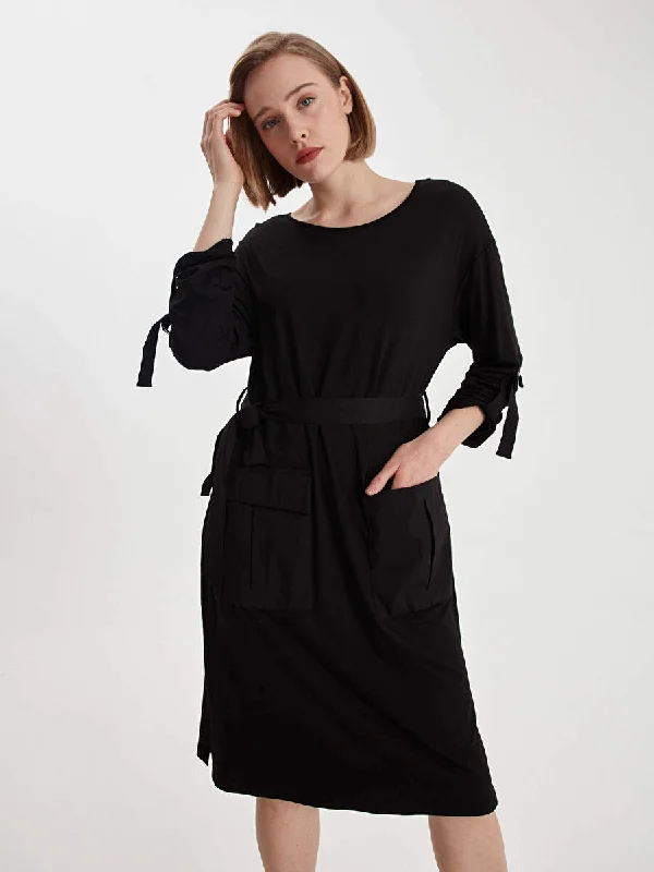 Black Poplin Pocket Garnish Dress With Epaulette on Sleeves 66302 Elegant unclassified dresses