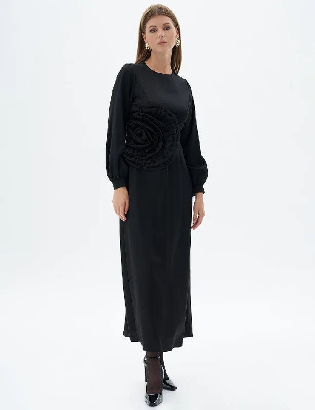 Black Satin Dress with Rose Motif Casual chic unclassified dresses