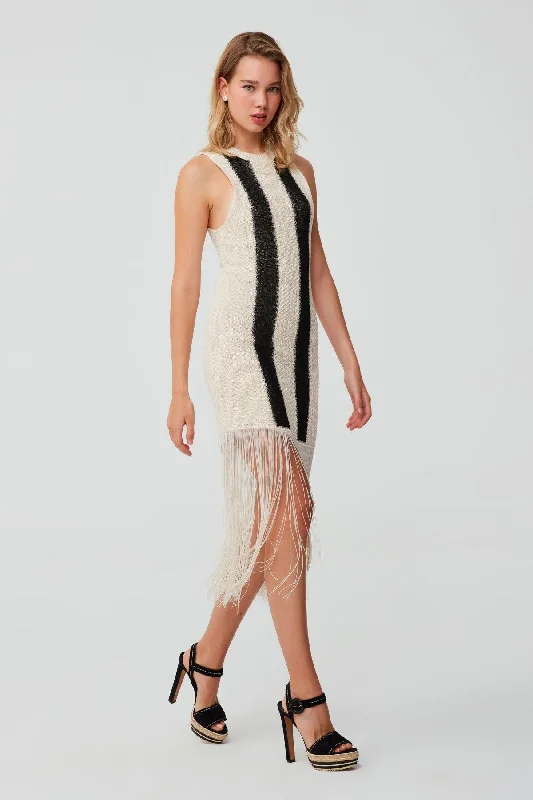 Black Stripe Detailed Beige Dress with Tassels Knitted unclassified dresses