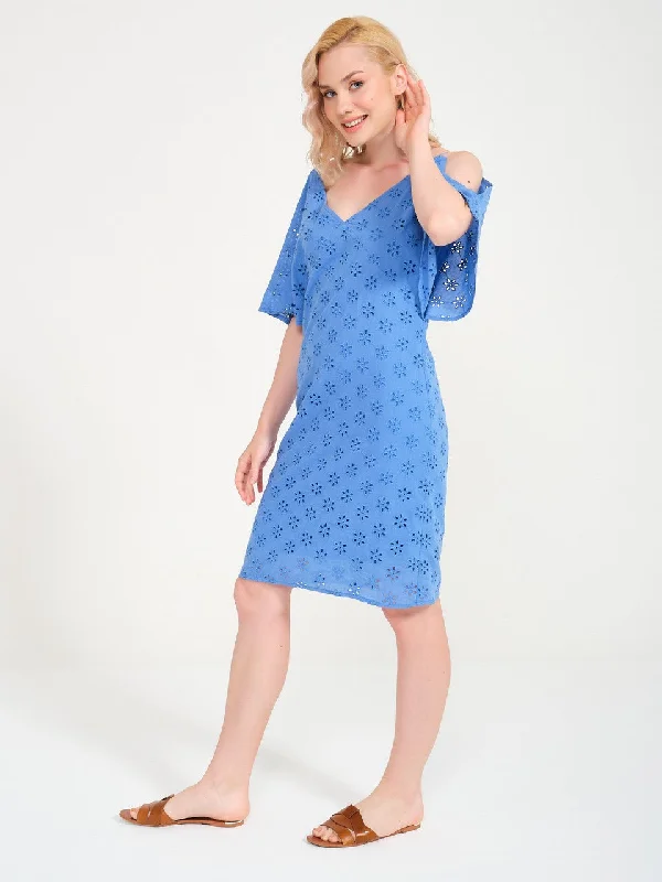 Blue Casual Cut Strap Dress with Scallops and Shoulder Decollete Backless unclassified dresses