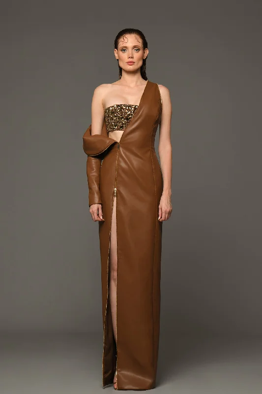 Brown leather dress with crystal cropped top and deconstructured sleeve Off-shoulder unclassified dresses