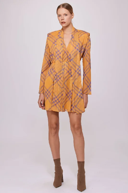 Checkered Shawl Collar Dress Yellow Preppy unclassified dresses