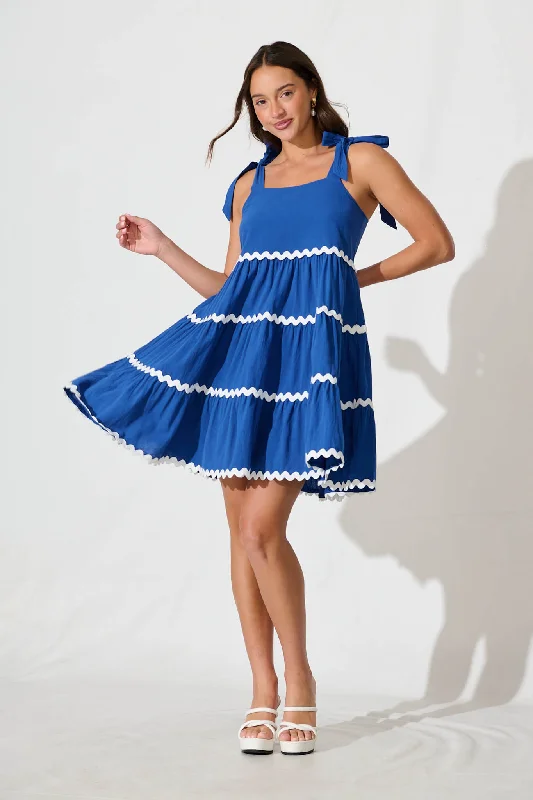 Claus Dress In Blue With White Ric Rac Trim Cotton Ruched unclassified dresses