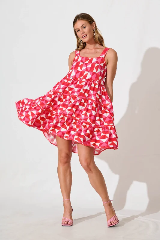 Coastal Sundress In Pink and Red Geometric Silk unclassified dresses