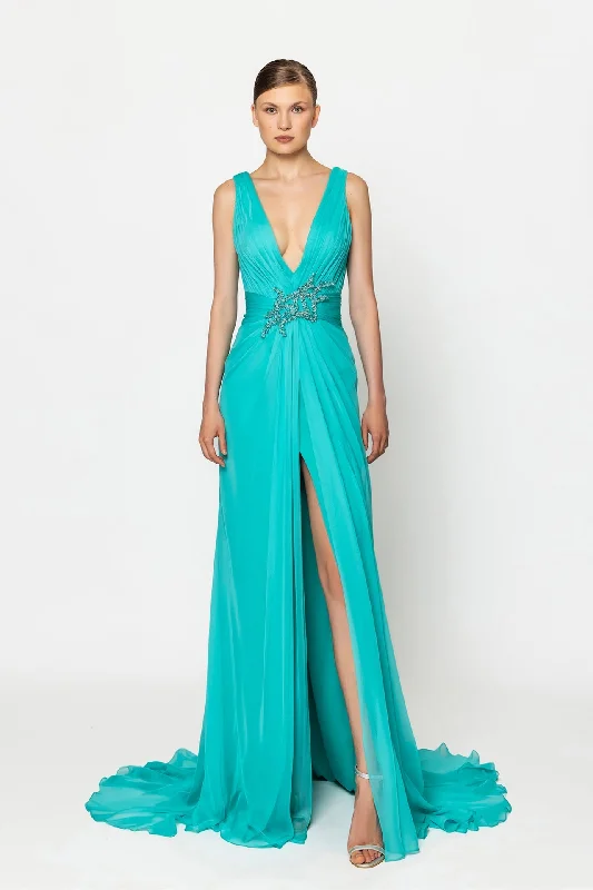 Crystalized waistline deep V chiffon dress Elegant evening unclassified dresses