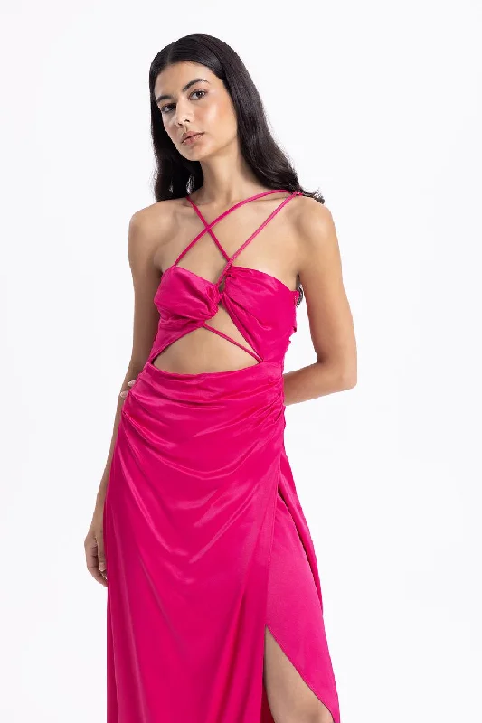 Dark Fuchsia Cross Strap Satin Dress Spring unclassified dresses