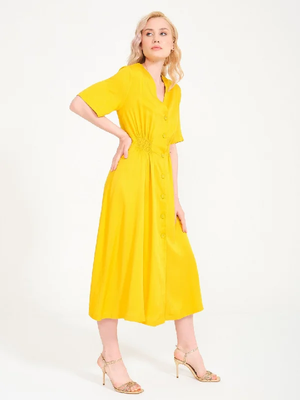 Dark Yellow V-neck Casual Cut Dress with Front Button Detail Popular unclassified dresses