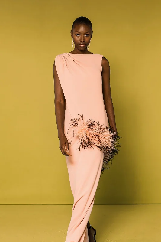 Draped shoulder crepe dress with feathers Beach unclassified dresses