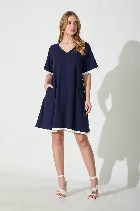 Emery Dress in Navy with White Contrast Trim Cotton Dark color unclassified dresses