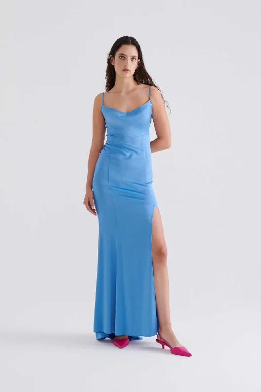 Evening Dress with Slits Blue Embroidered unclassified dresses