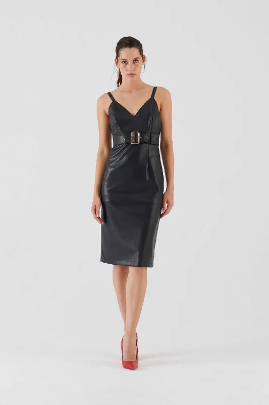 Faux Leather Dress with Belt Black Stylish unclassified dresses