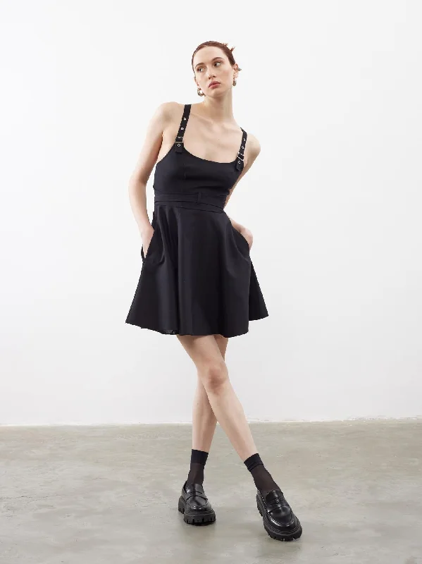 Flounced Dress Black with Strap Detail Metallic unclassified dresses