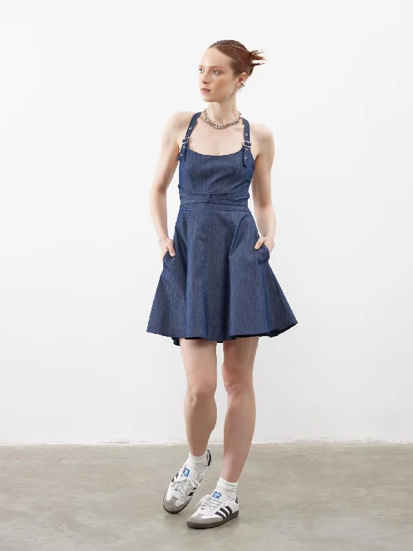 Flounced Dress Blue with Strap Detail Breathable unclassified dresses