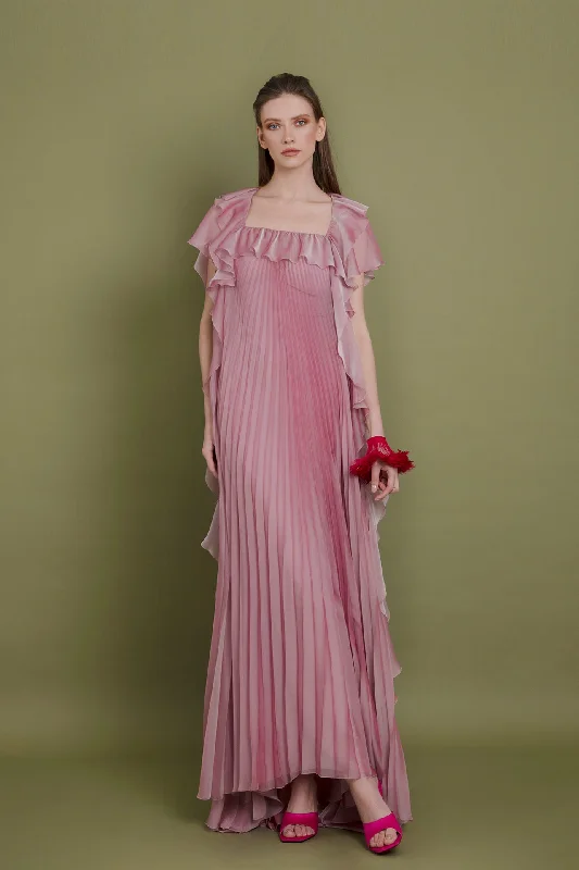 Fully pleated back ruffled chiffon dress Long unclassified dresses