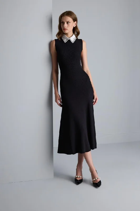 Functional Collar Backless Black Dress with Stones Silk unclassified dresses