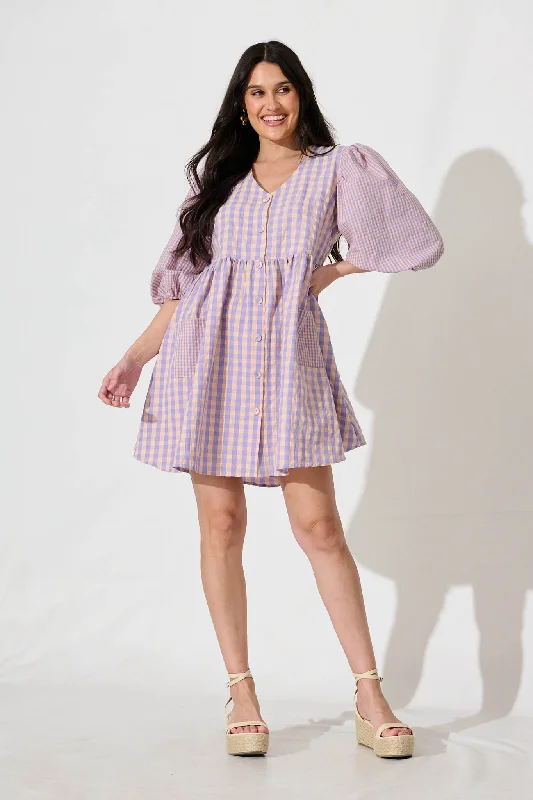 Ginnie Smock Dress in Lilac and Pink Gingham Cotton High-low unclassified dresses