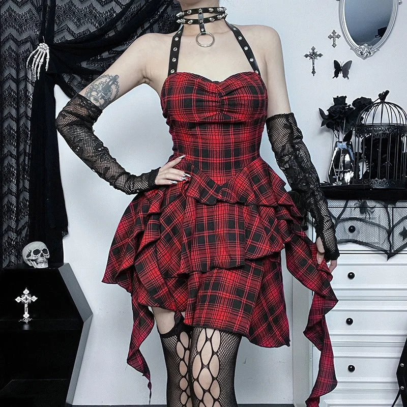 Gothic Backless Bib Plaid Poncho Medium Dress Vintage unclassified dresses