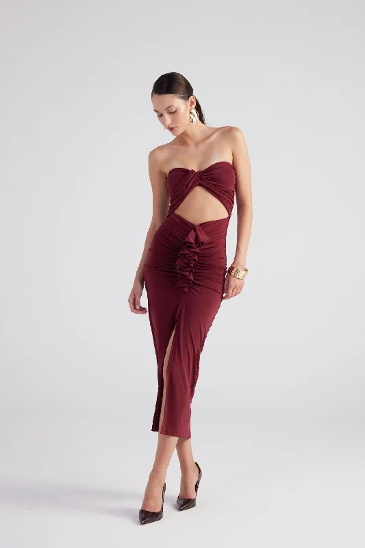 Hailey Strapless Cut Out Dress Burgundy Ruched unclassified dresses