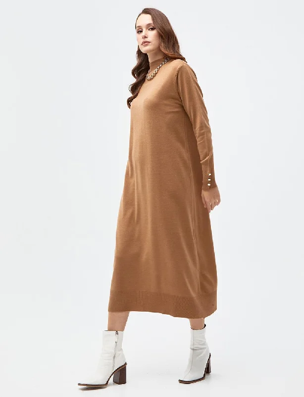 Half Turtleneck Knitwear Dress Beige Cotton unclassified dresses