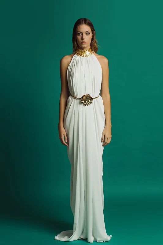 Halter neck draped dress featuring metal belt with flower Chic unclassified dresses