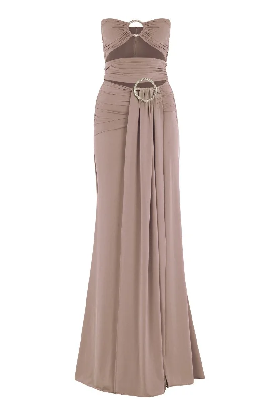 Hera Beige Strapless Dress with Deep Front Slits Chiffon unclassified dresses