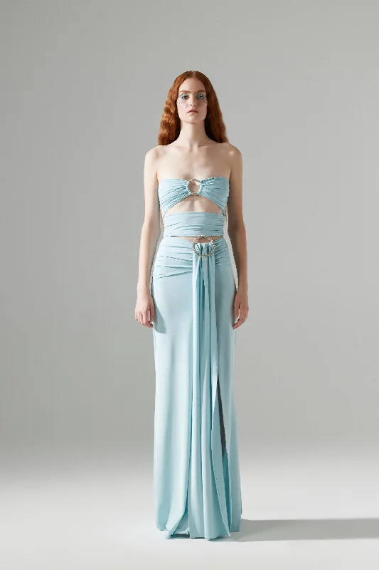 Hera Blue Strapless Dress with Deep Front Slits One-shoulder unclassified dresses