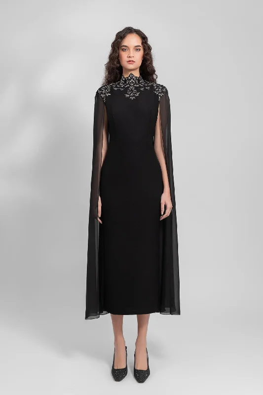 High collar crepe dress with organza cape Off-shoulder unclassified dresses