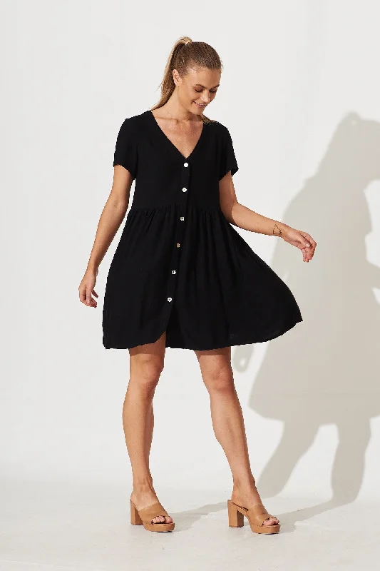 Horizon Smock Dress In Black Linen Blend One-shoulder unclassified dresses