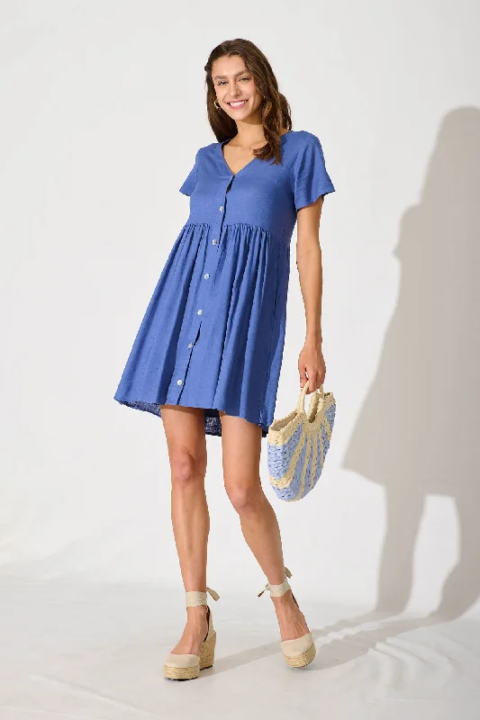 Horizon Smock Dress In Blue Linen Blend Popular unclassified dresses