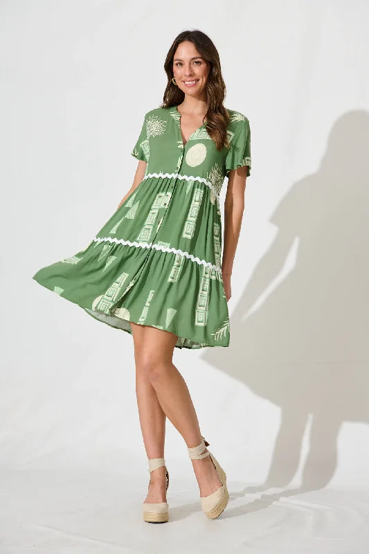 Island Dreams Smock Dress In Green With White Ric Rac Trim Budget-friendly unclassified dresses