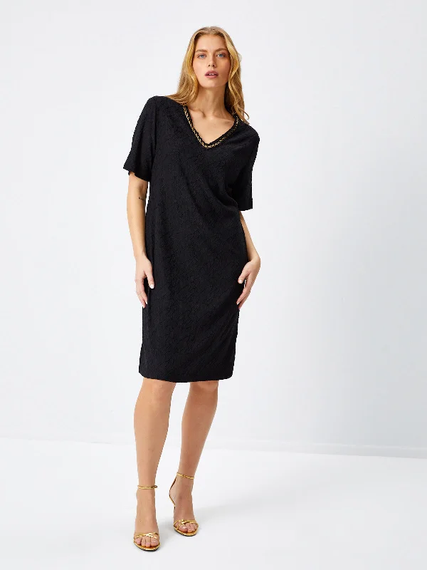 Jacquard Knitted Dress with Gold Chain Neckline 68277 Office unclassified dresses