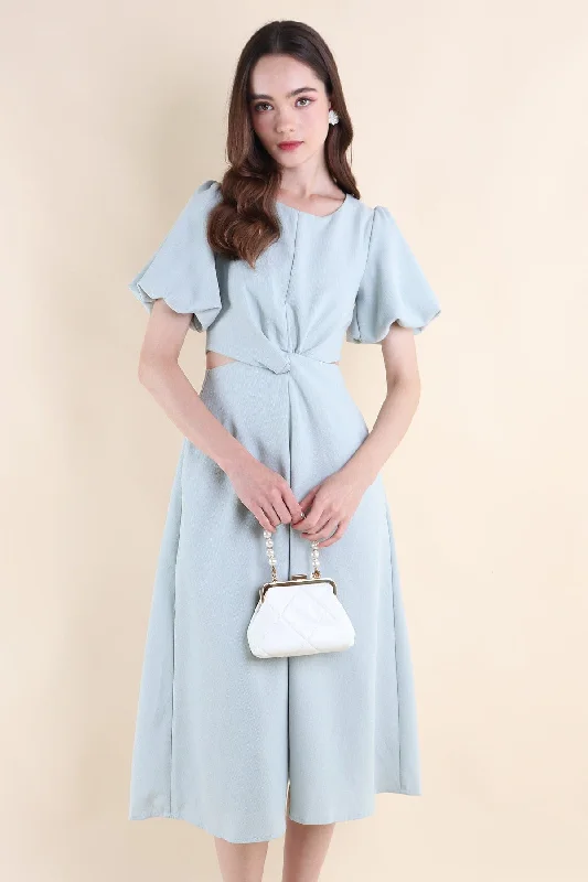 JEVONIA KNOT LINEN CUT-OUT DRESS IN MINT SKY Vacation unclassified dresses