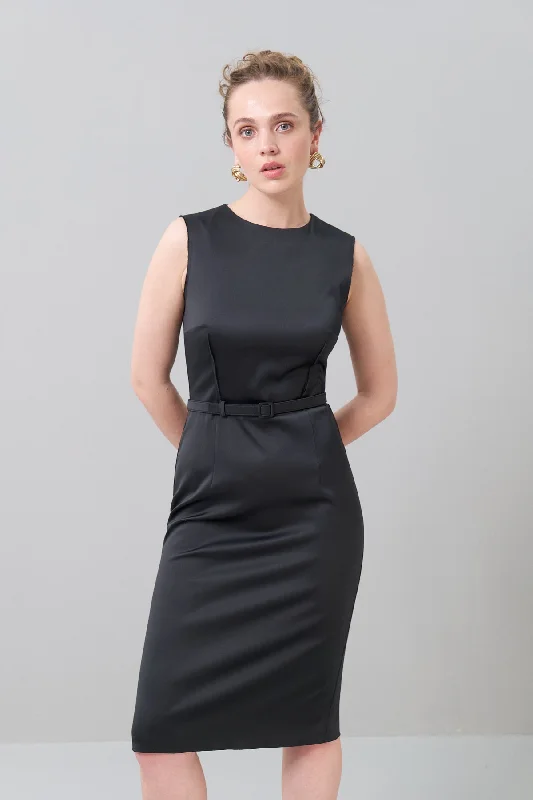 Knee Length Dress with Waist Belt Black Ruched unclassified dresses