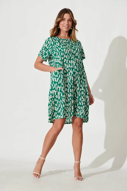 Nectar Smock Dress In Green And White Cotton Blend Ruched unclassified dresses