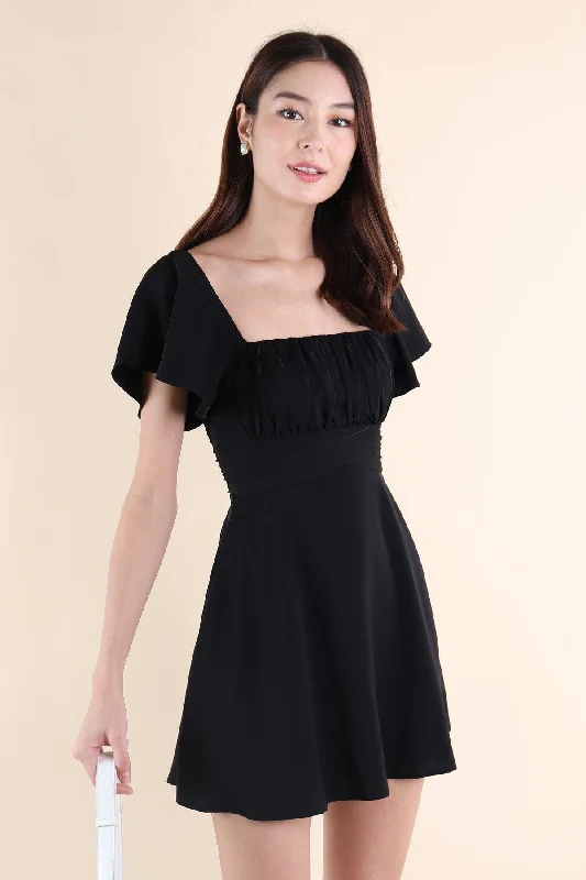 NEVEA RUCHED FLUTTER SLEEVE DRESS IN BLACK Spring unclassified dresses