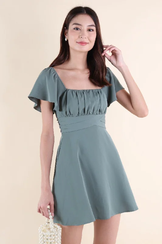 NEVEA RUCHED FLUTTER SLEEVE DRESS IN GREEN Y2K unclassified dresses