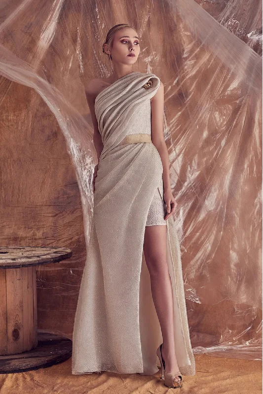 One shoulder draped lurex dress with gold belt Trendy unclassified dresses