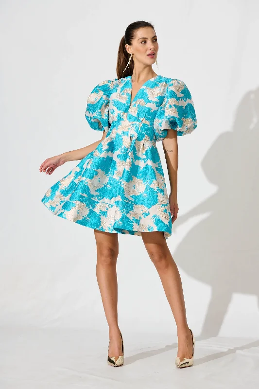 Paris Dreamer Dress In Pale Gold With Aqua Jacquard Bright color unclassified dresses