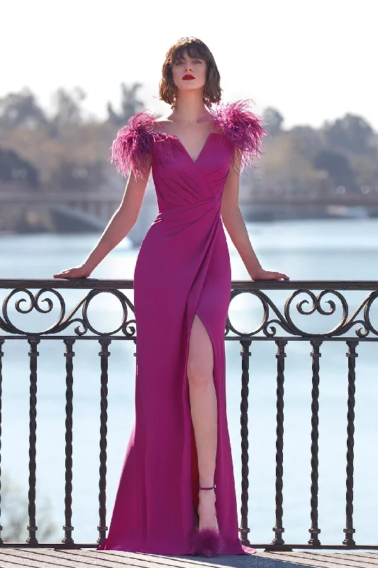 Pleated bodice crepe dress with feathers Winter unclassified dresses