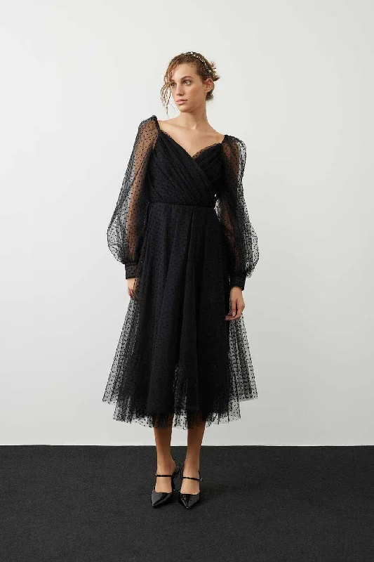 Polka Dot Transparent Evening Dress Black A-line unclassified dresses