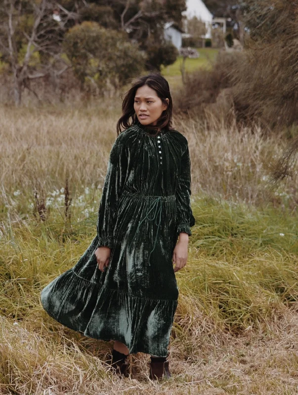 PRAIRIE SILK VELVET DRESS FOREST GREEN Earthy tone unclassified dresses