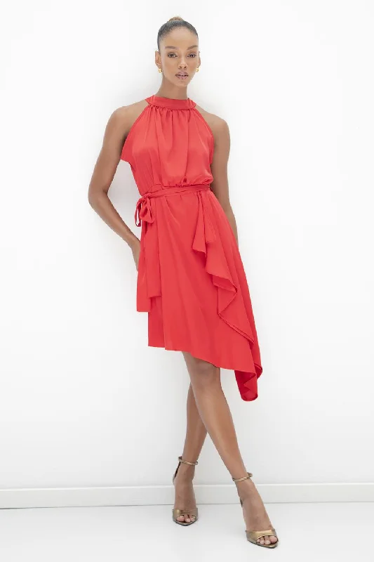 Red Asymmetrical Hem Detail Satin Dress Long unclassified dresses