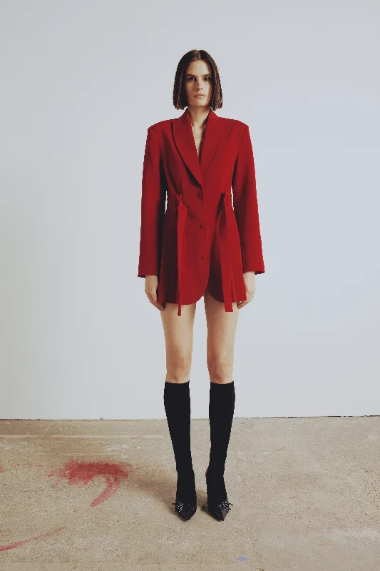 Red Buttoned Belted Lined Blazer Dress Y2K unclassified dresses