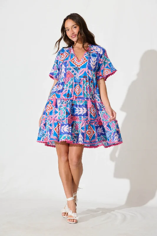 Rodine Smock Dress in Pink and Blue Multi with Contrast trim Knitted unclassified dresses