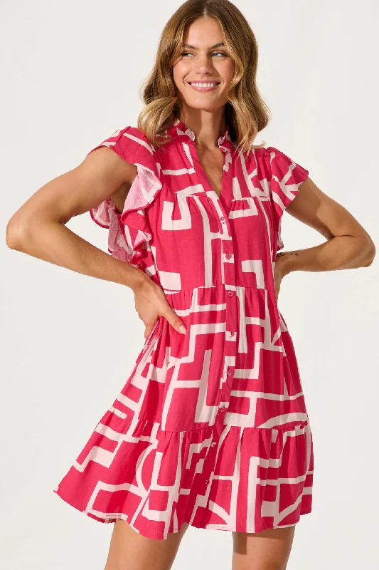 Rosanna Smock Dress In Pink Geometric Linen Blend Bright color unclassified dresses