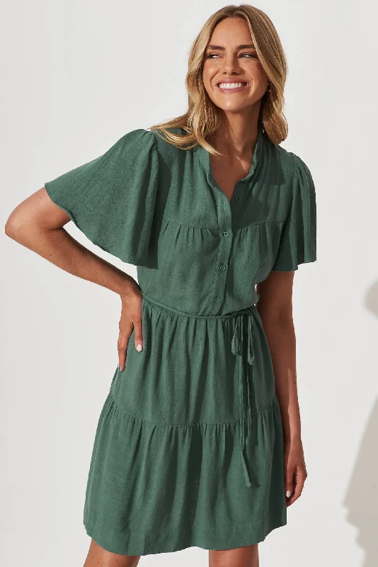 Rosemary Smock Dress In Green Linen Blend Mesh unclassified dresses