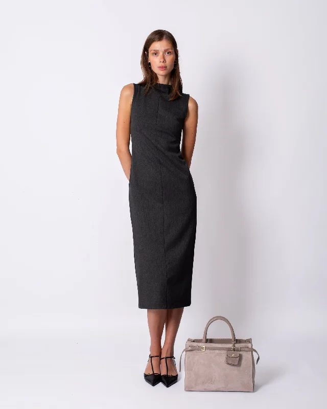 Round Neck Lined Dress with Belt Gray Bold pattern unclassified dresses