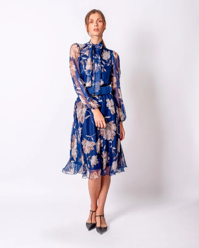 Round Neck Lined Chiffon Dress with Belted Blue High-low unclassified dresses